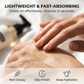 Elycura Collagen Oil being dispensed on hand from pump for precise, hygienic application
