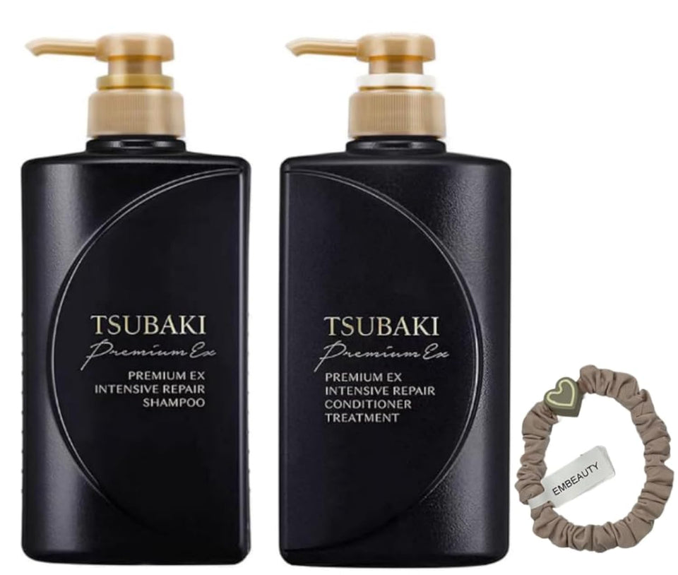 EM TSUBAKI front view of shampoo and conditioner showing product benefits