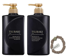 EM TSUBAKI close-up pump and label highlighting easy dispensing benefit