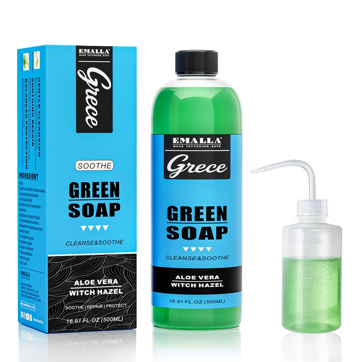Emalla GRECE front packaging showing bottle and kit benefit gentle cleansing