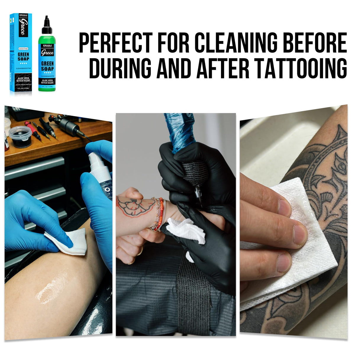 Emalla GRECE used by artist cleaning tattoo showing professional workflow