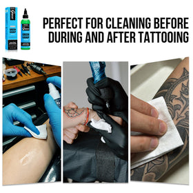 Emalla GRECE used by artist cleaning tattoo showing professional workflow