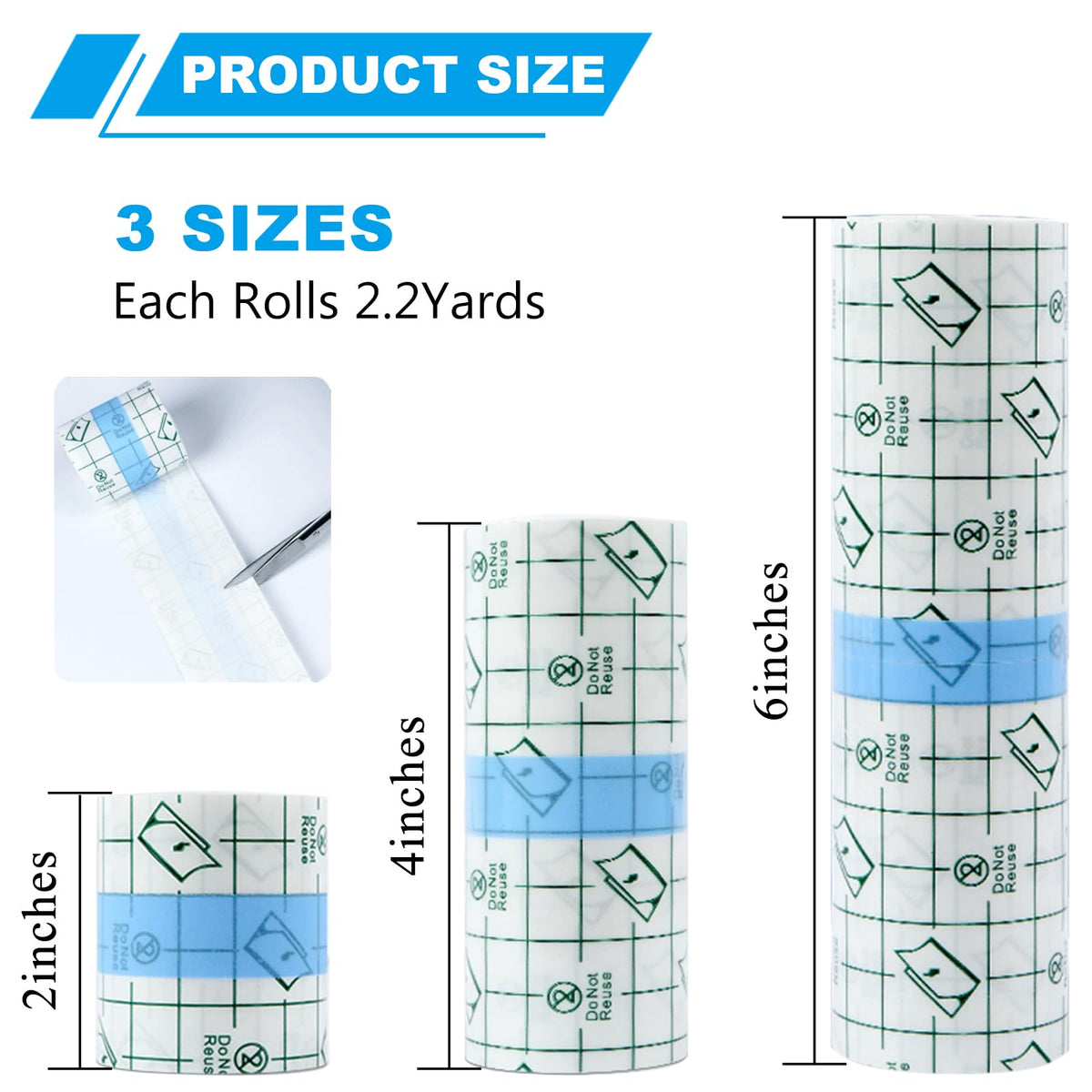 Emalla three rolls laid out to display 2", 4", 6" widths and quantity convenience