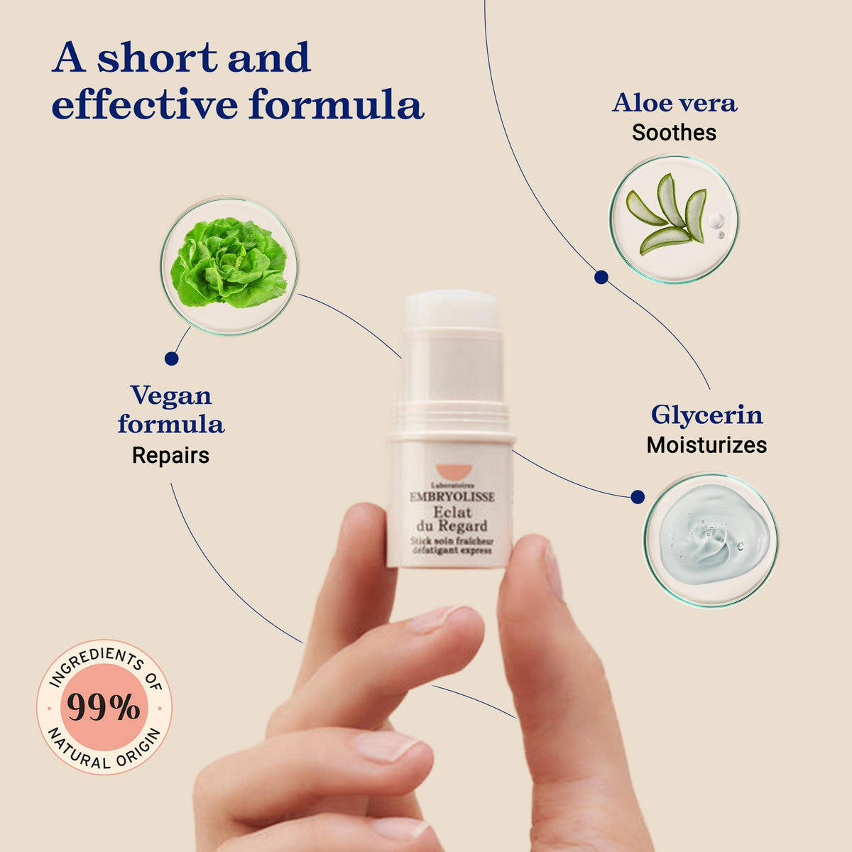 Close-up of Embryolisse Radiant Eye Stick label and ingredient claims for trust
