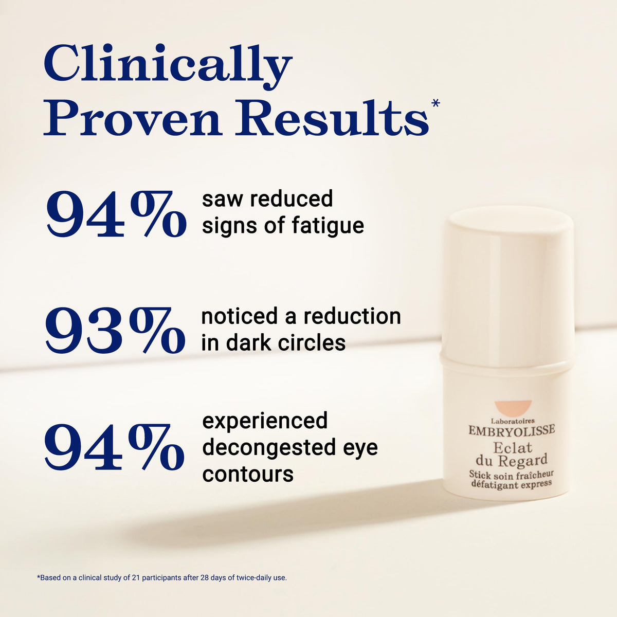 Embryolisse Radiant Eye Stick beside coin for scale showing travel-friendly size