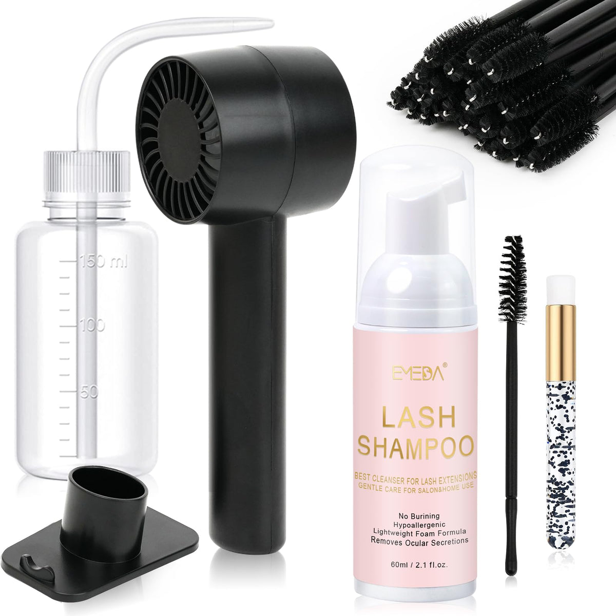 EMEDA front view of the full lash cleaning kit showing all included items and compact design
