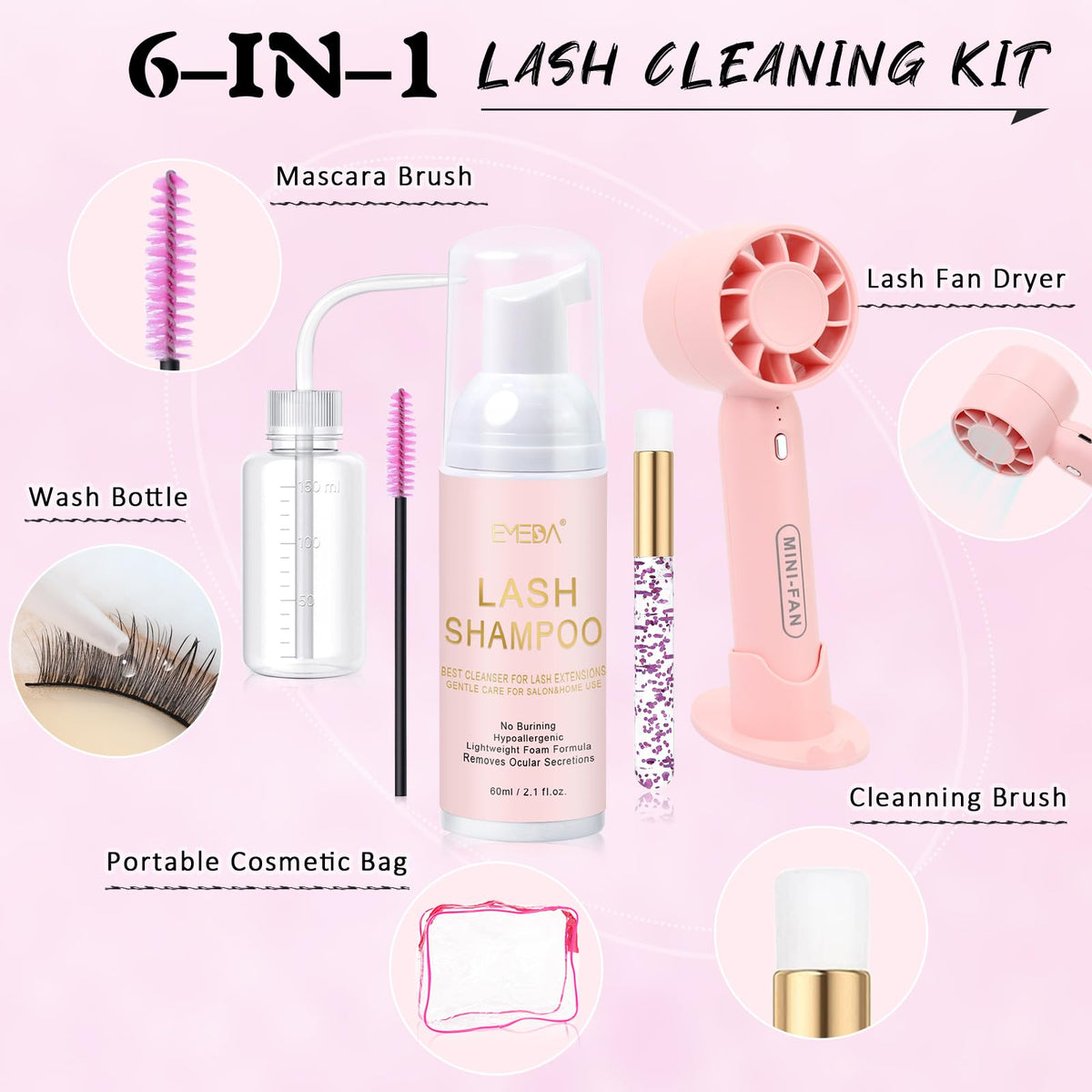 EMEDA lash shampoo bottle close-up highlighting oil-free gentle formula