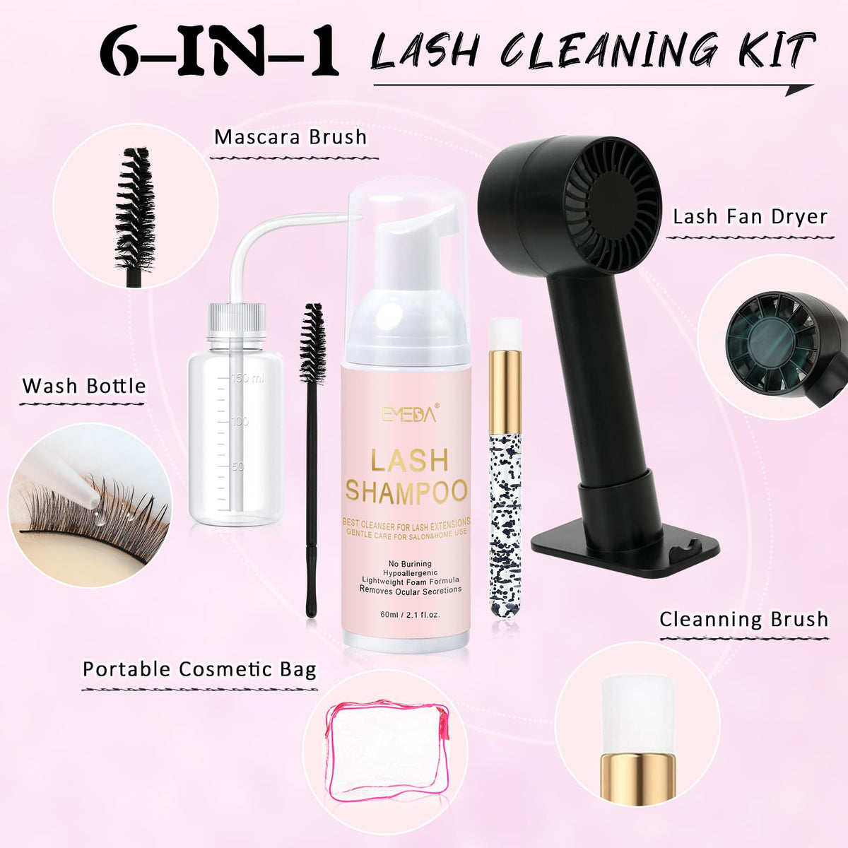 EMEDA 60ml lash shampoo bottle close-up of label highlighting oil-free gentle cleanser benefits
