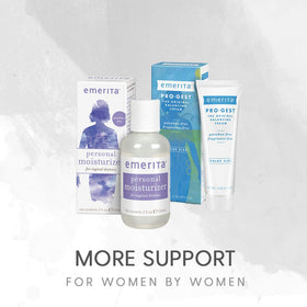 Emerita cream on bathroom shelf lifestyle shot showing daily routine ease and neat packaging