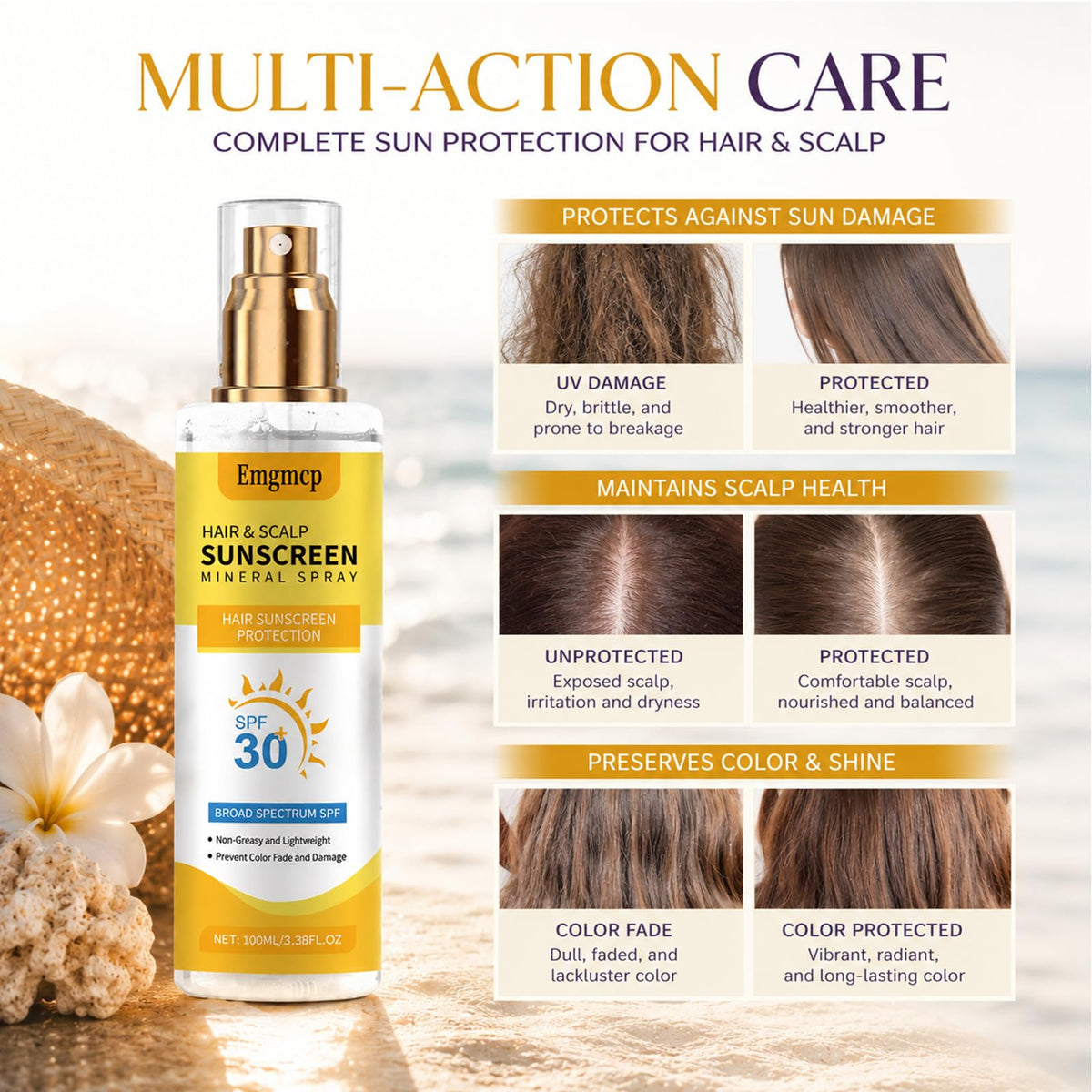 Emgmcp in beach lifestyle scene protecting color-treated hair