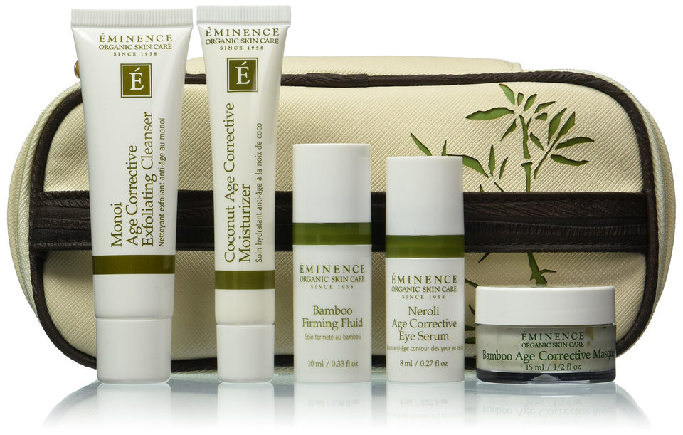 Eminence starter set front packaging showing five travel-size age corrective products and benefits