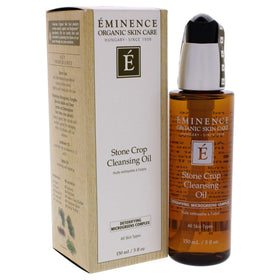 Eminence cleansing oil applied in hand, demonstrates gentle makeup removal