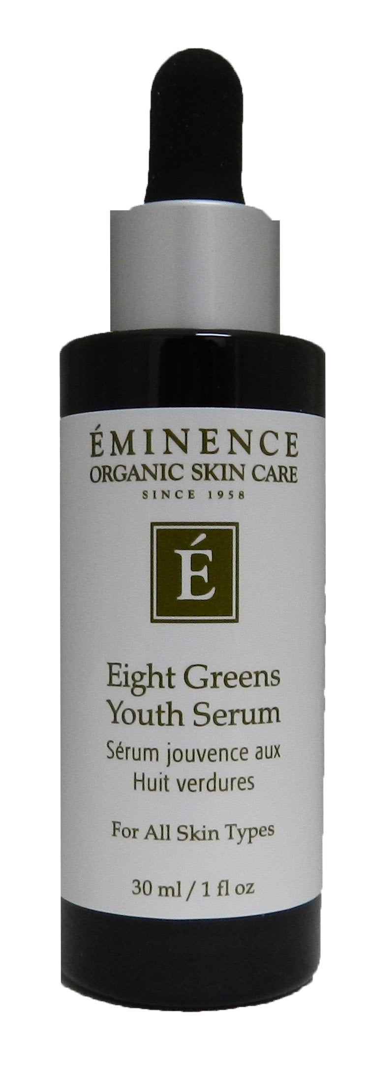 Eminence eight greens front packaging showing bottle and youthful radiance benefits