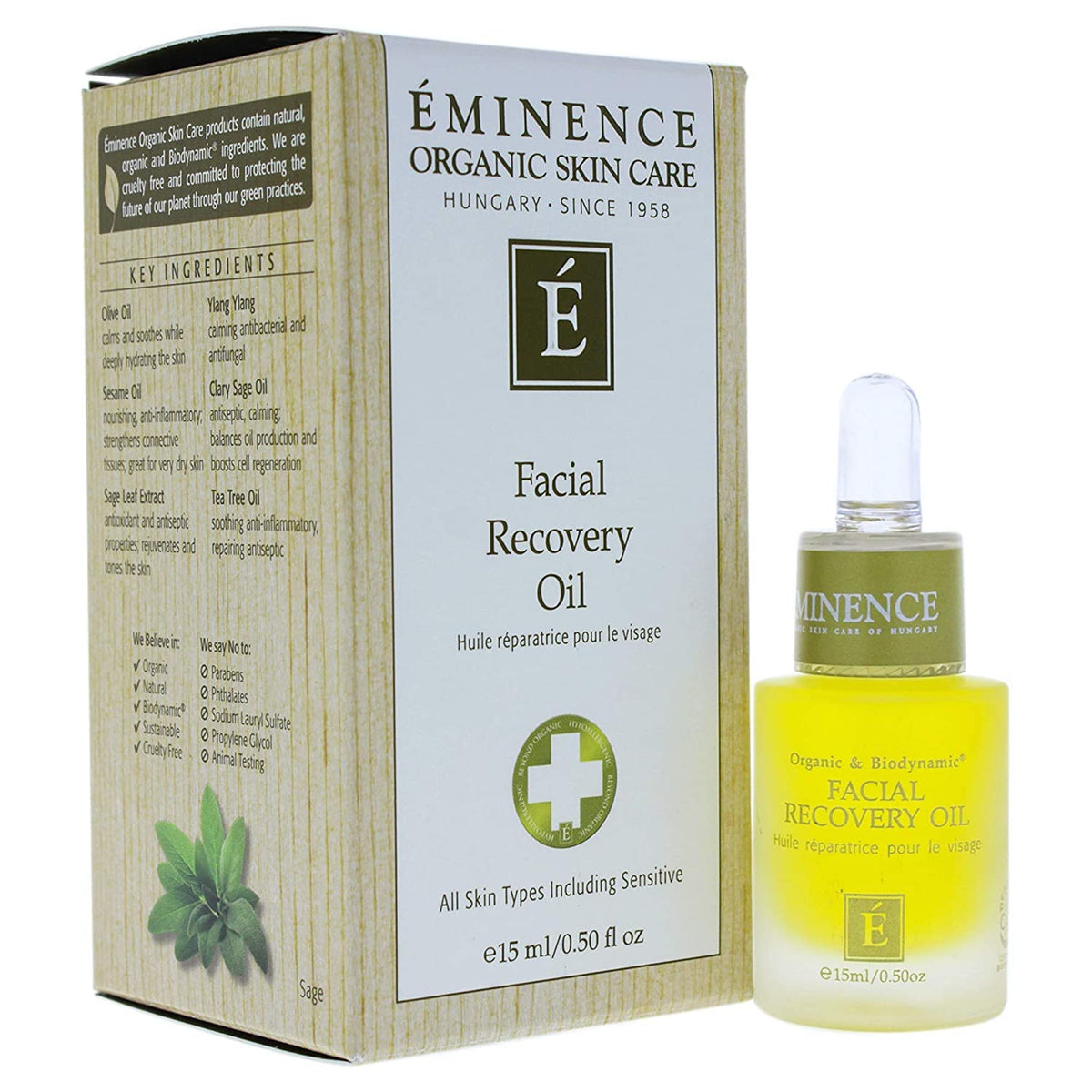 Eminence front bottle showing compact 0.5 oz and clear label for travel convenience