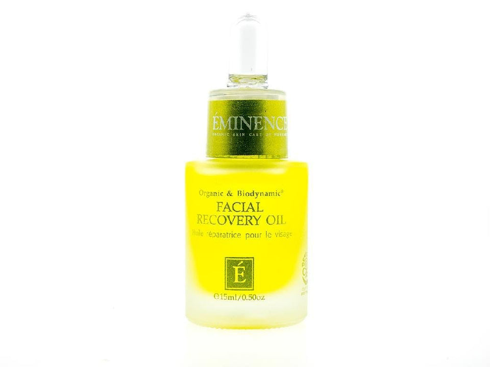 Eminence bottle front view showing packaging and nourishing recovery oil benefits
