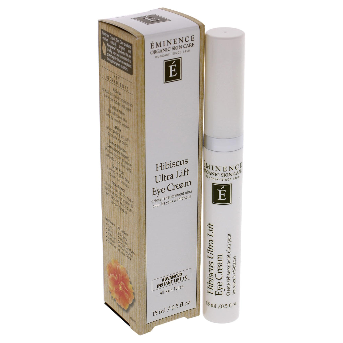 Eminence tube beside a coin to show 0.5 oz travel-friendly size benefit