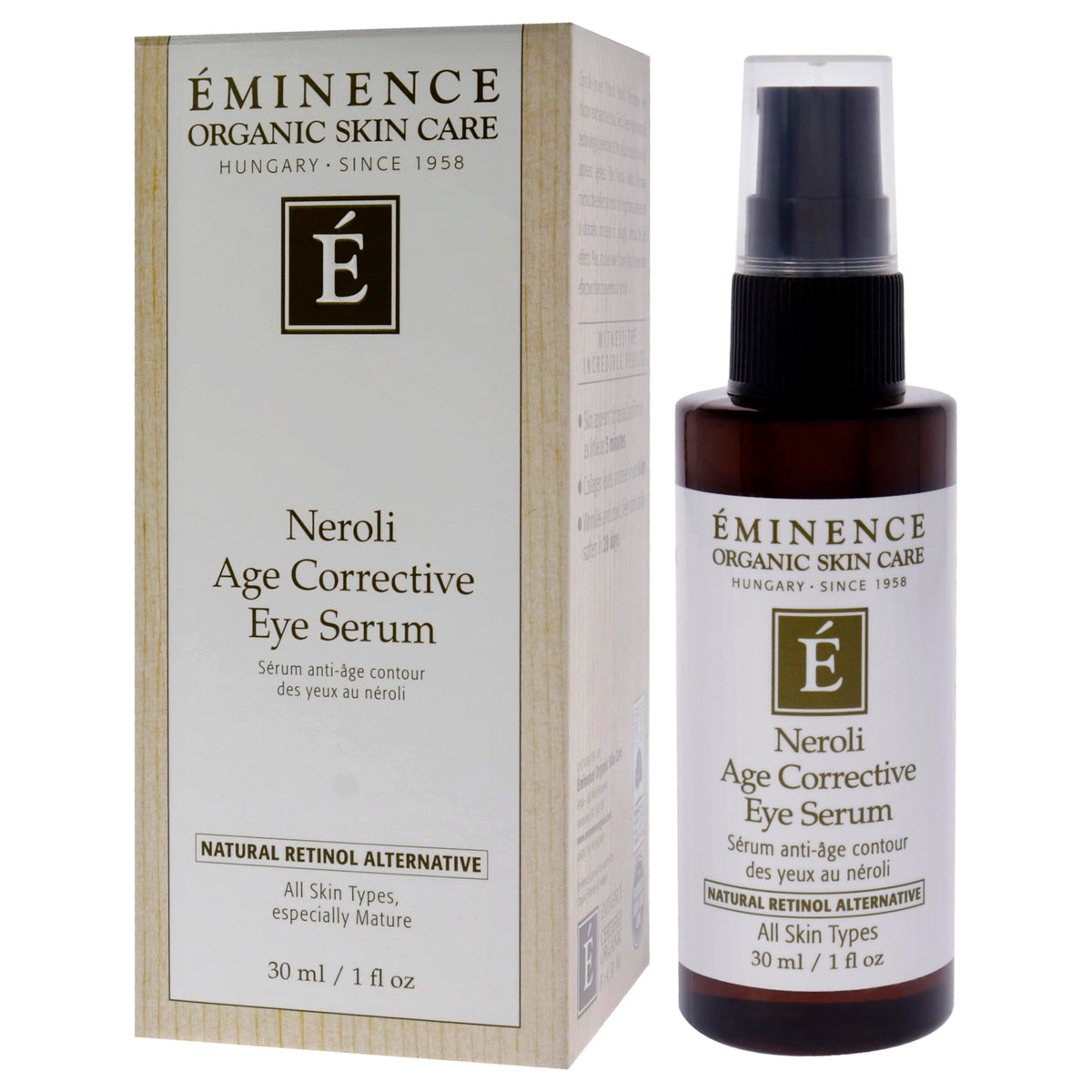 Applying Eminence eye serum under eye with ring finger, gentle hydration shown