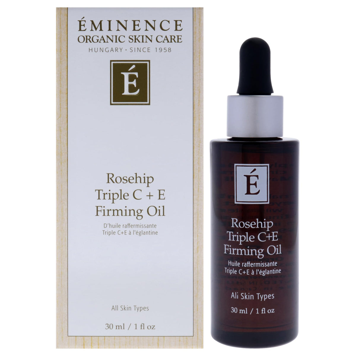 Eminence bottle front view showing sleek packaging and clear product benefits