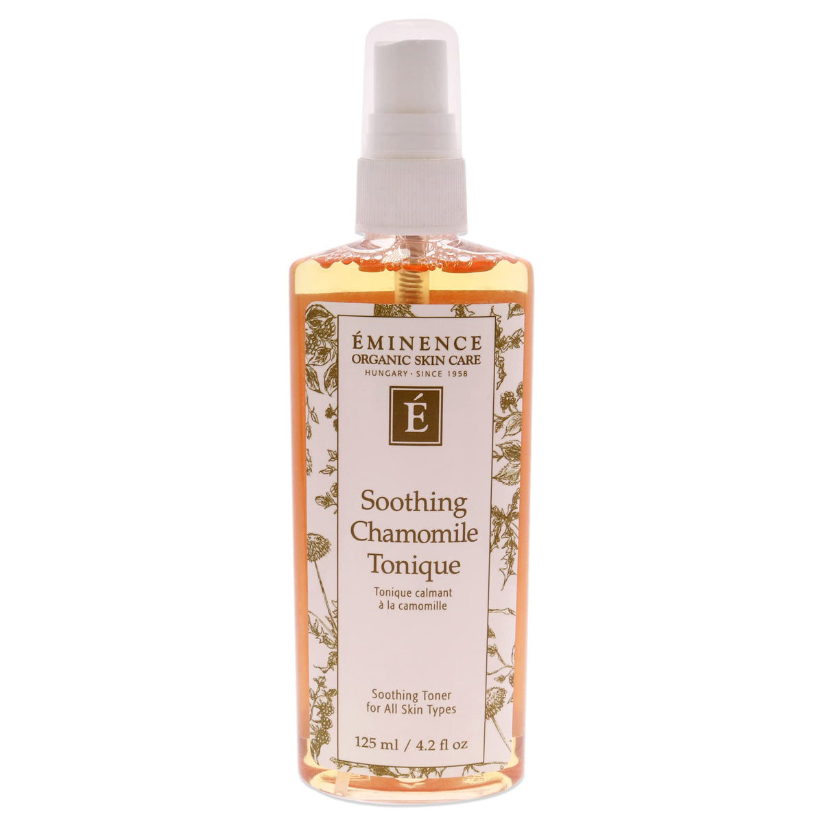 Eminence bottle front view showing label and calming benefits