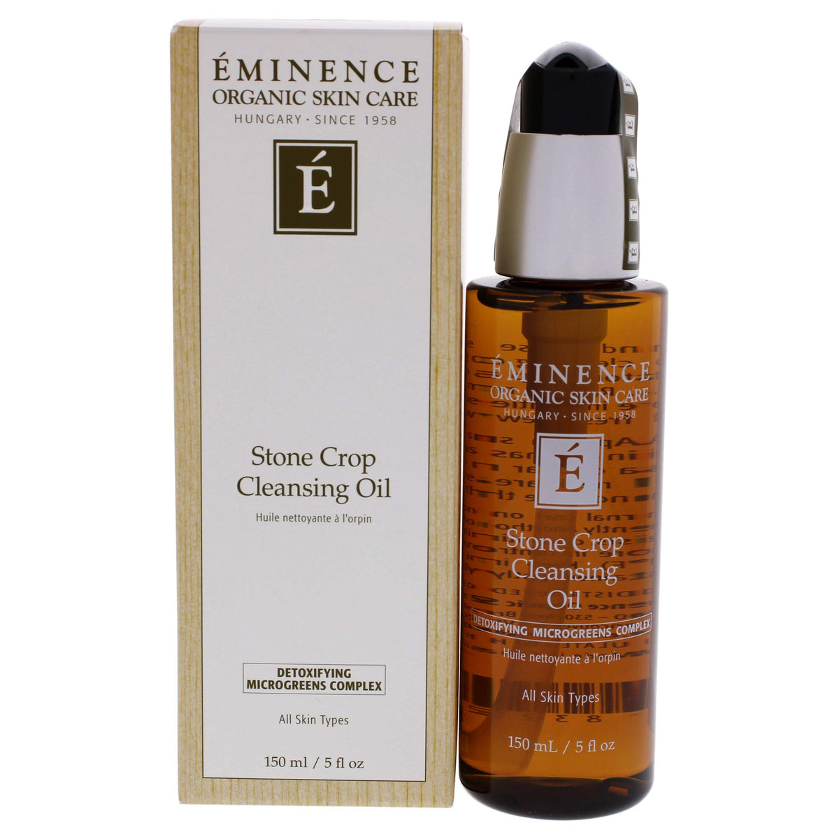 Eminence front bottle view showing product and size, highlights easy dispensing