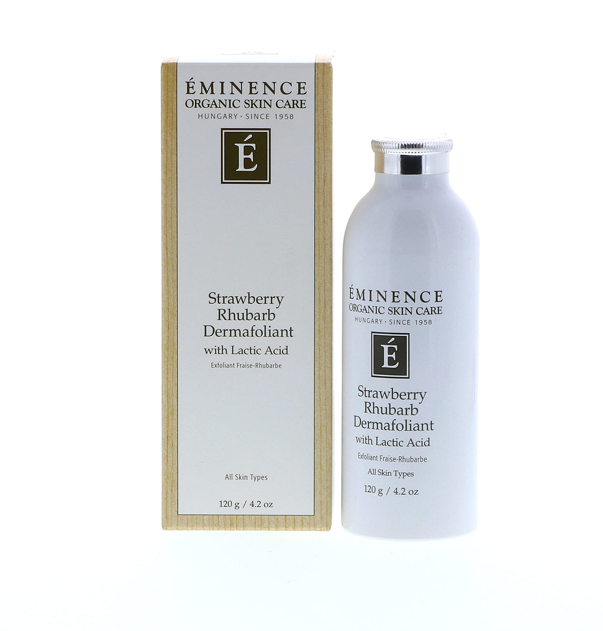 Eminence with serum and moisturizer suggesting post-exfoliation hydration benefits