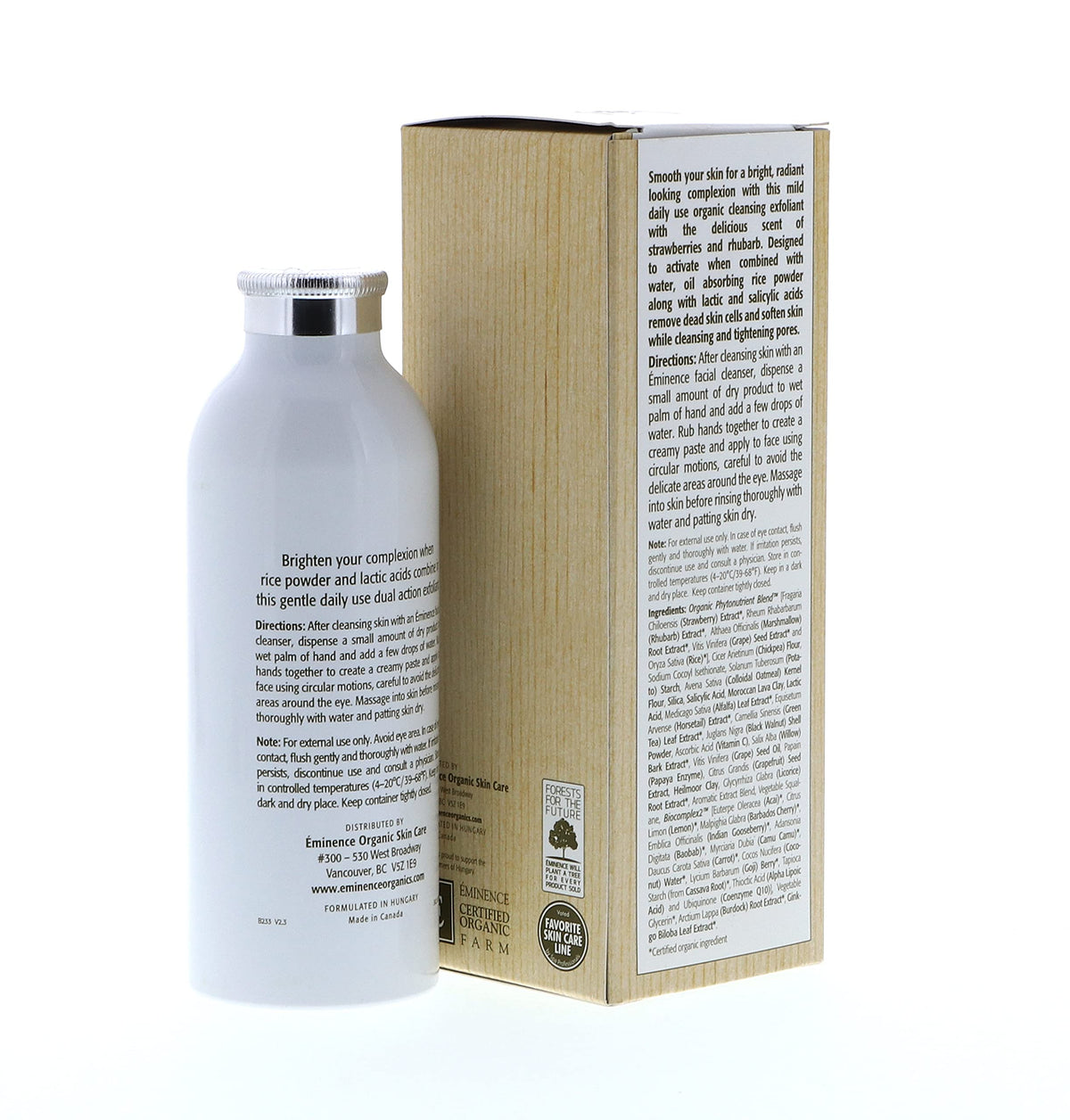 Eminence label details highlighting ingredients and acid blend for informed use