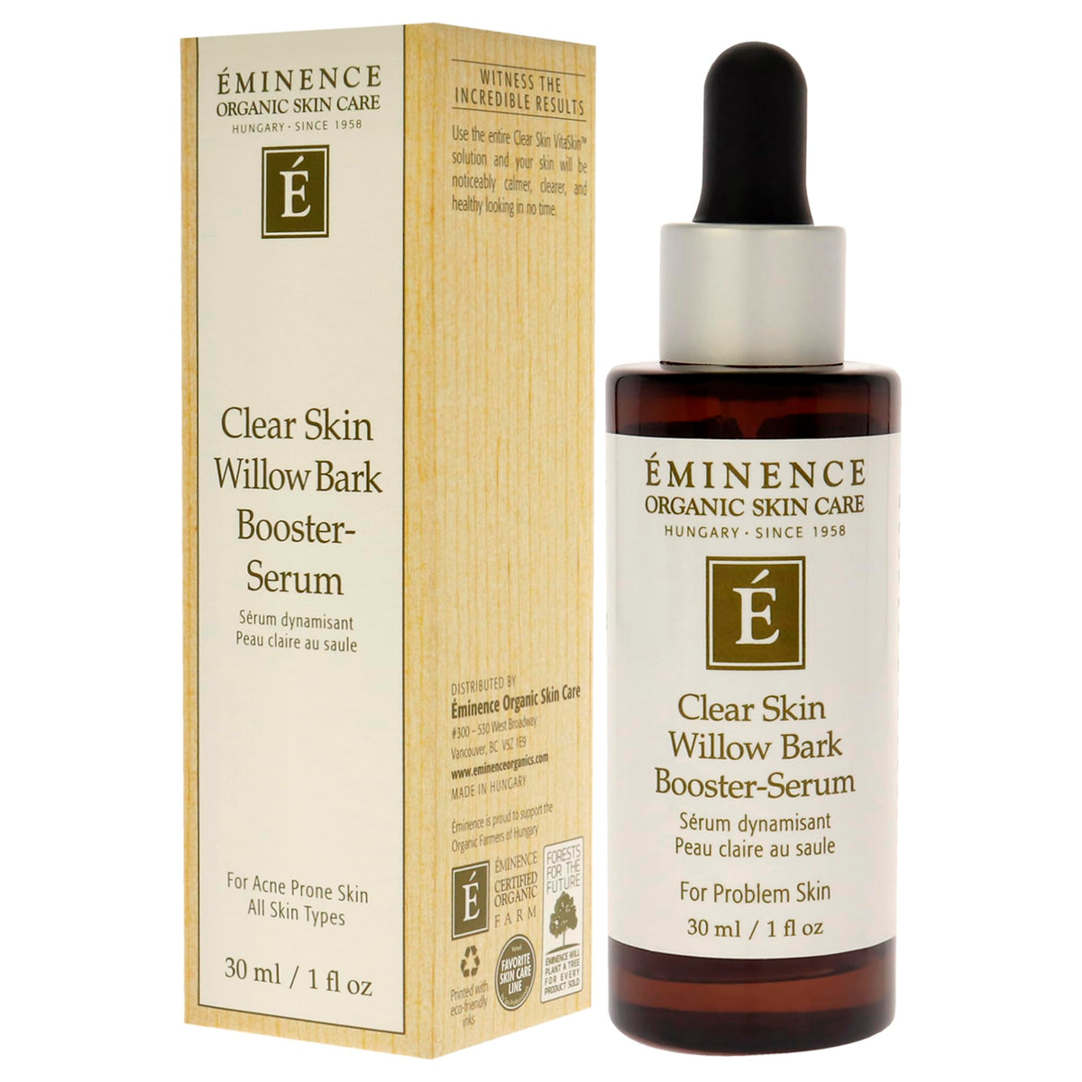 Eminence bottle beside willow branch highlighting natural willow bark clarifying benefits