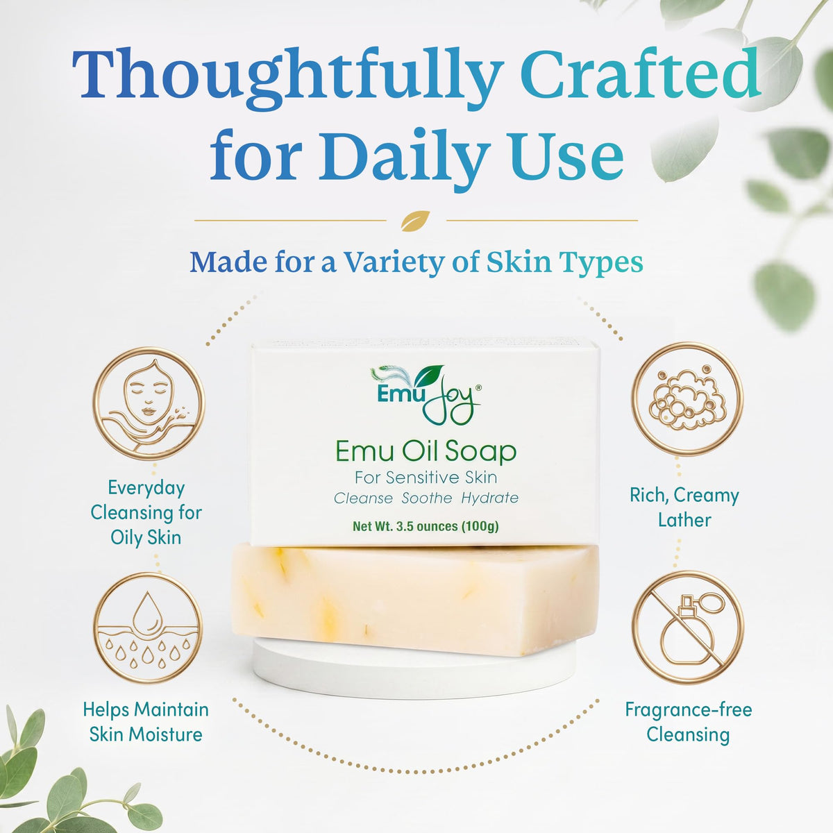 Emu Joy lather on skin demonstrating gentle foaming and soft cleanse