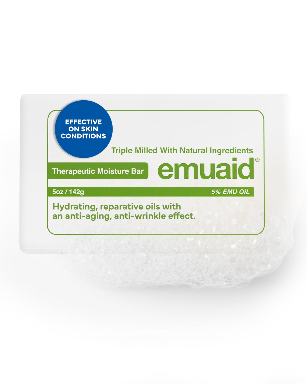 EMUAID moisture bar front packaging showing 5oz medicated cleansing bar benefit hydration