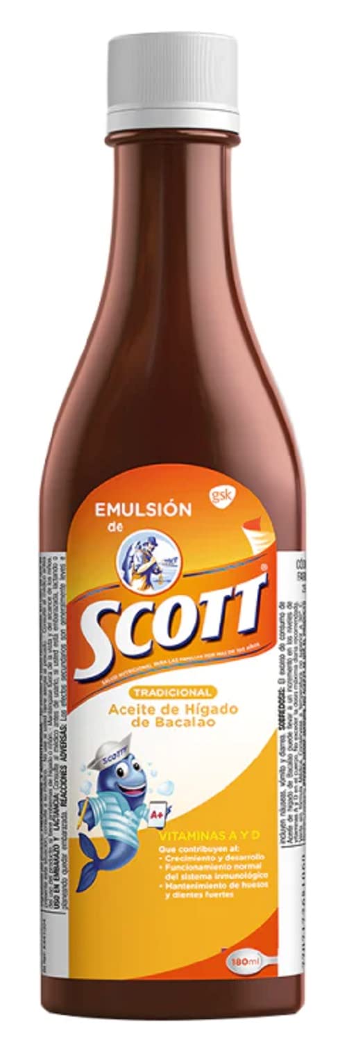 Emulsion de Scott front packaging showing bottle and clear label benefit