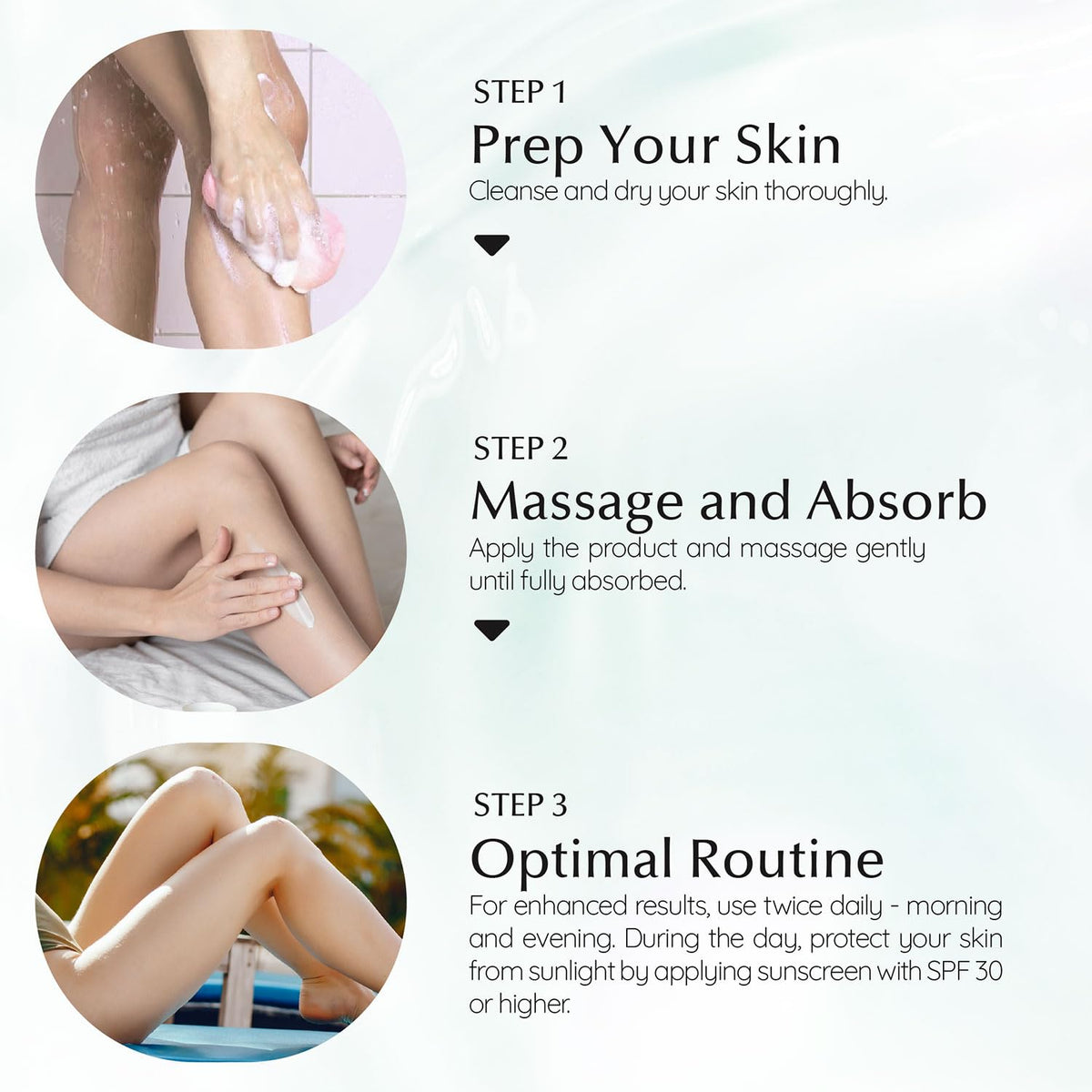 Applying EnaSkin to inner thigh to even tone, friction-area care benefit