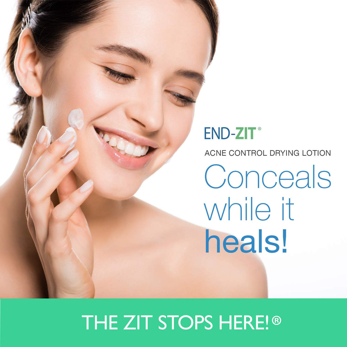 End-zit being applied to a cheek blemish showing discreet coverage benefit