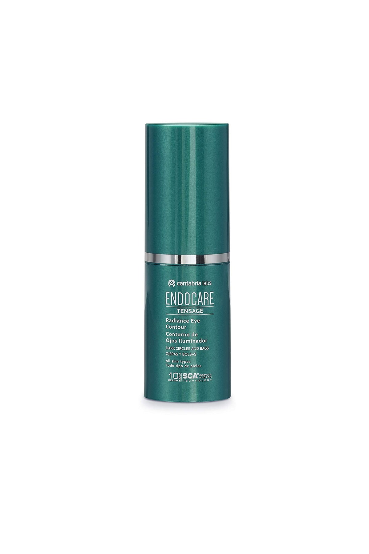Applying Endocare Tensage under eye with ring finger to reduce puffiness and enhance contour
