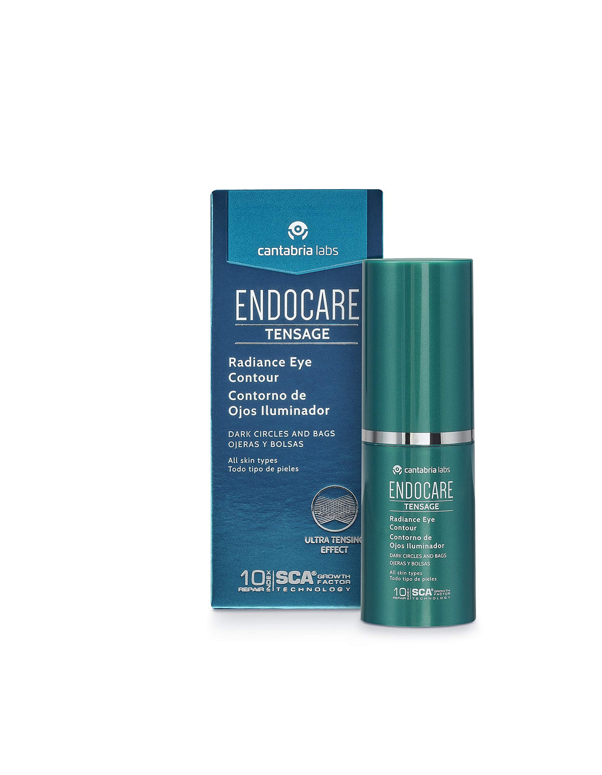 Close-up of Endocare Tensage label and ingredient list emphasizing ACS Biorepair skin support