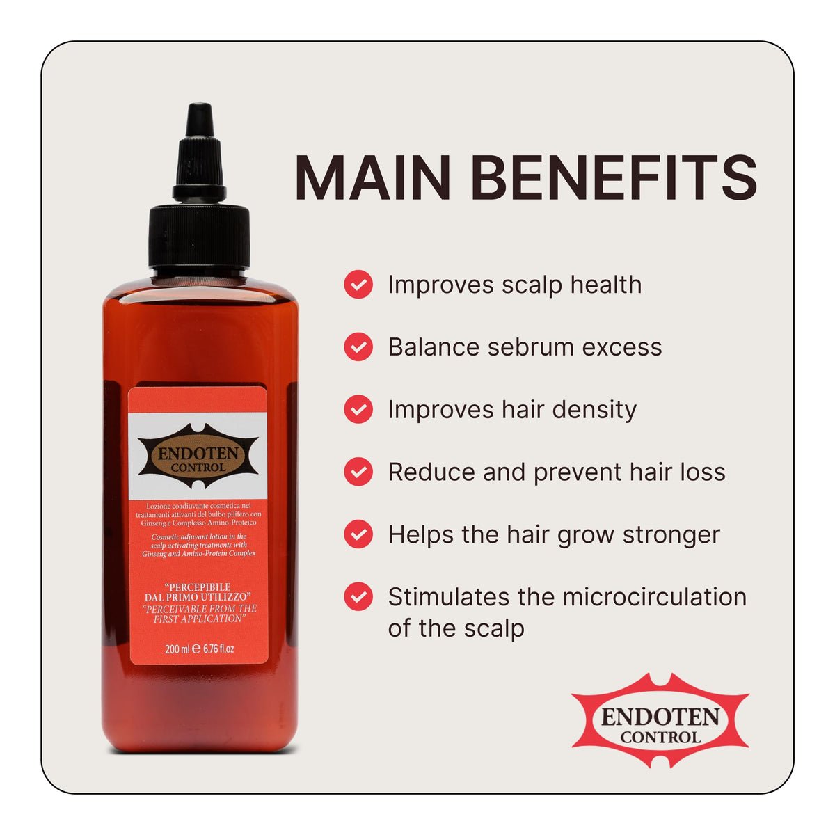 Endoten Control serum applied to scalp illustrating targeted use and quick absorption benefit