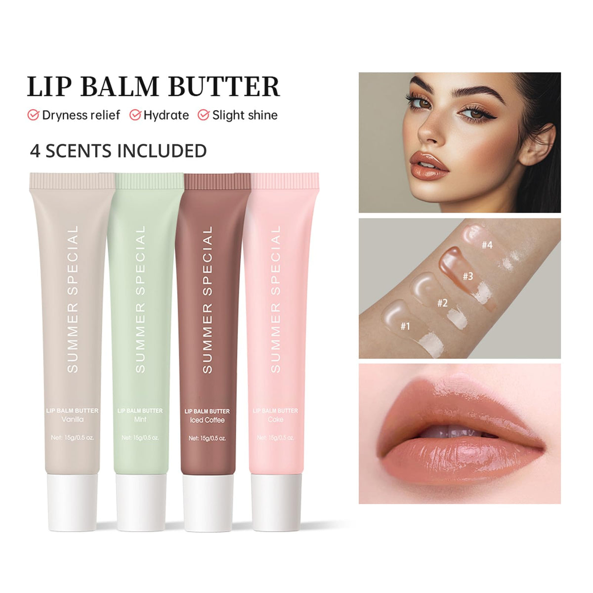 Enfuntins Cake tinted sheen on lips highlighting sweet flavor and smooth finish