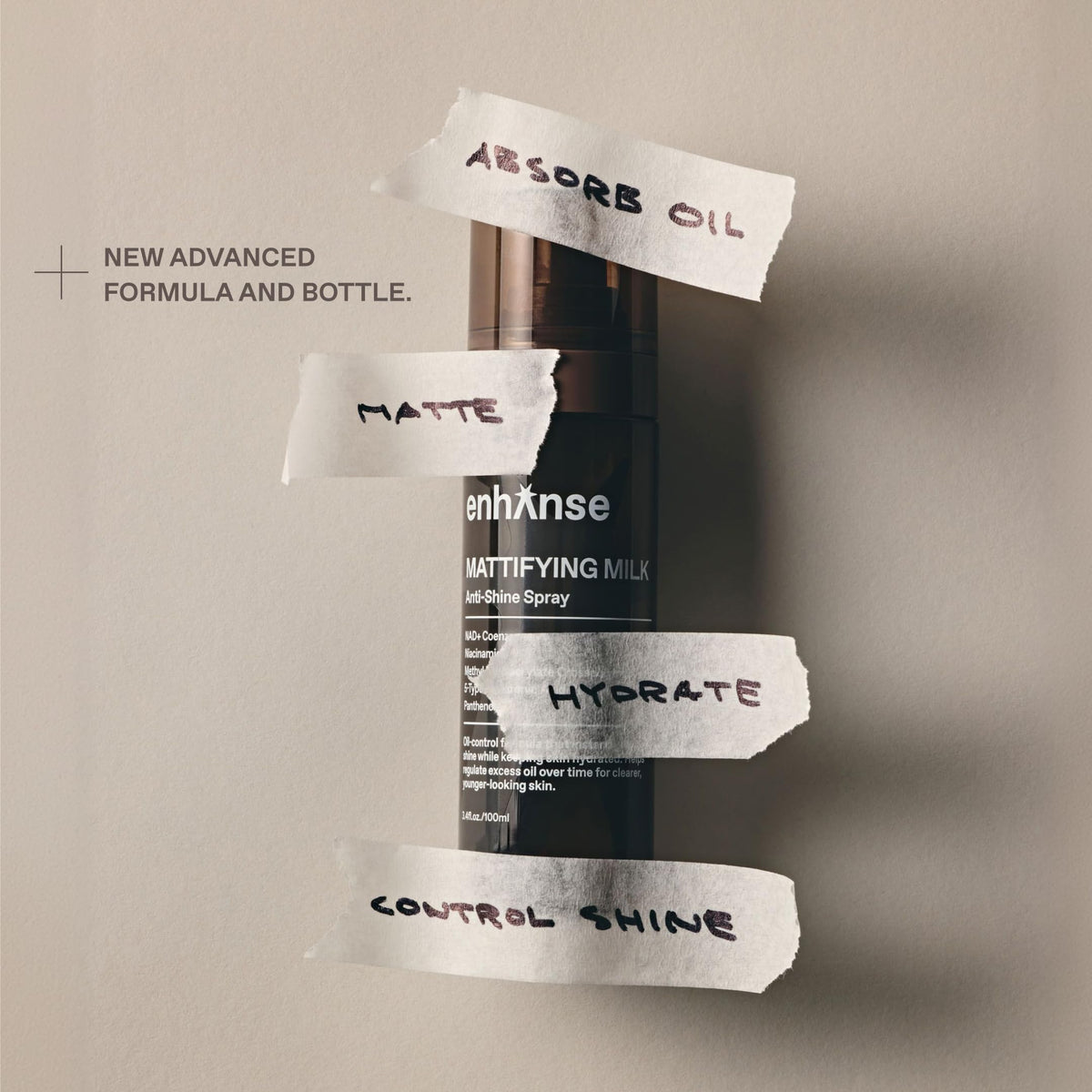 ENHANSE nozzle close-up spraying fine mist for even oil-control coverage