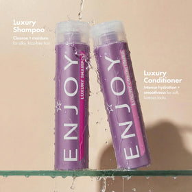 Enjoy bottle label closeup highlighting sulfate-free and pH-balanced features