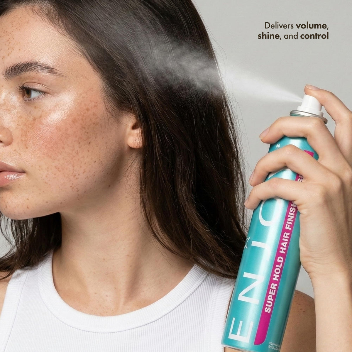 Enjoy close-up of hair texture and shine from the finishing spray