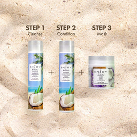 Enjoy shampoo packed in a travel bag suggesting portability and routine continuity