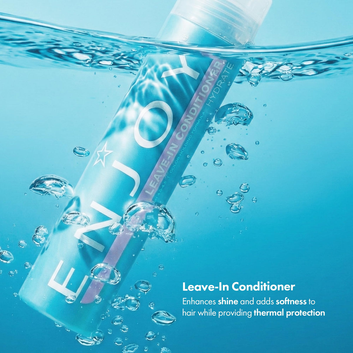 Enjoy leave-in conditioner texture close-up pouring from nozzle, shows lightweight consistency