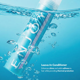 Enjoy leave-in conditioner texture close-up pouring from nozzle, shows lightweight consistency