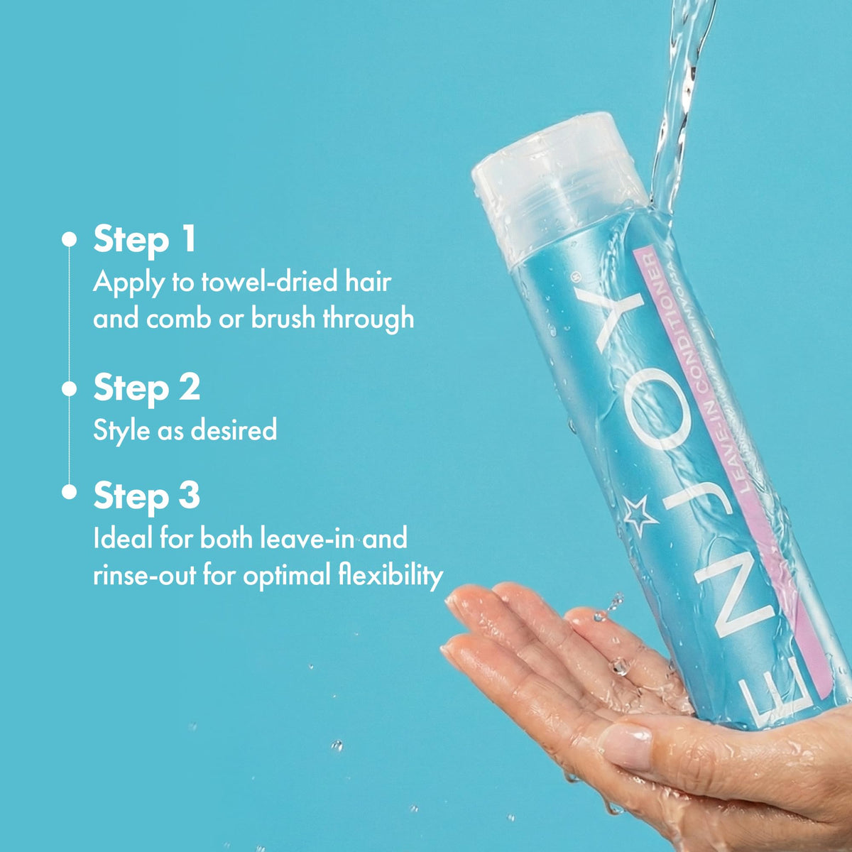 Enjoy leave-in bottle held in hand for scale, highlights travel-friendly 10.1 fl oz size