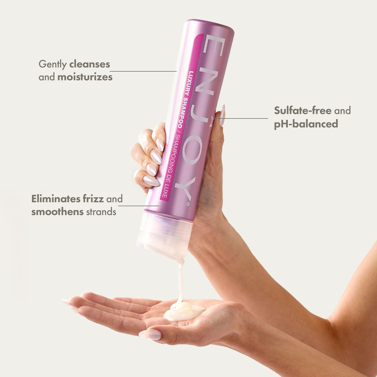 Enjoy pump and label detail highlighting ingredients and easy dispensing benefit