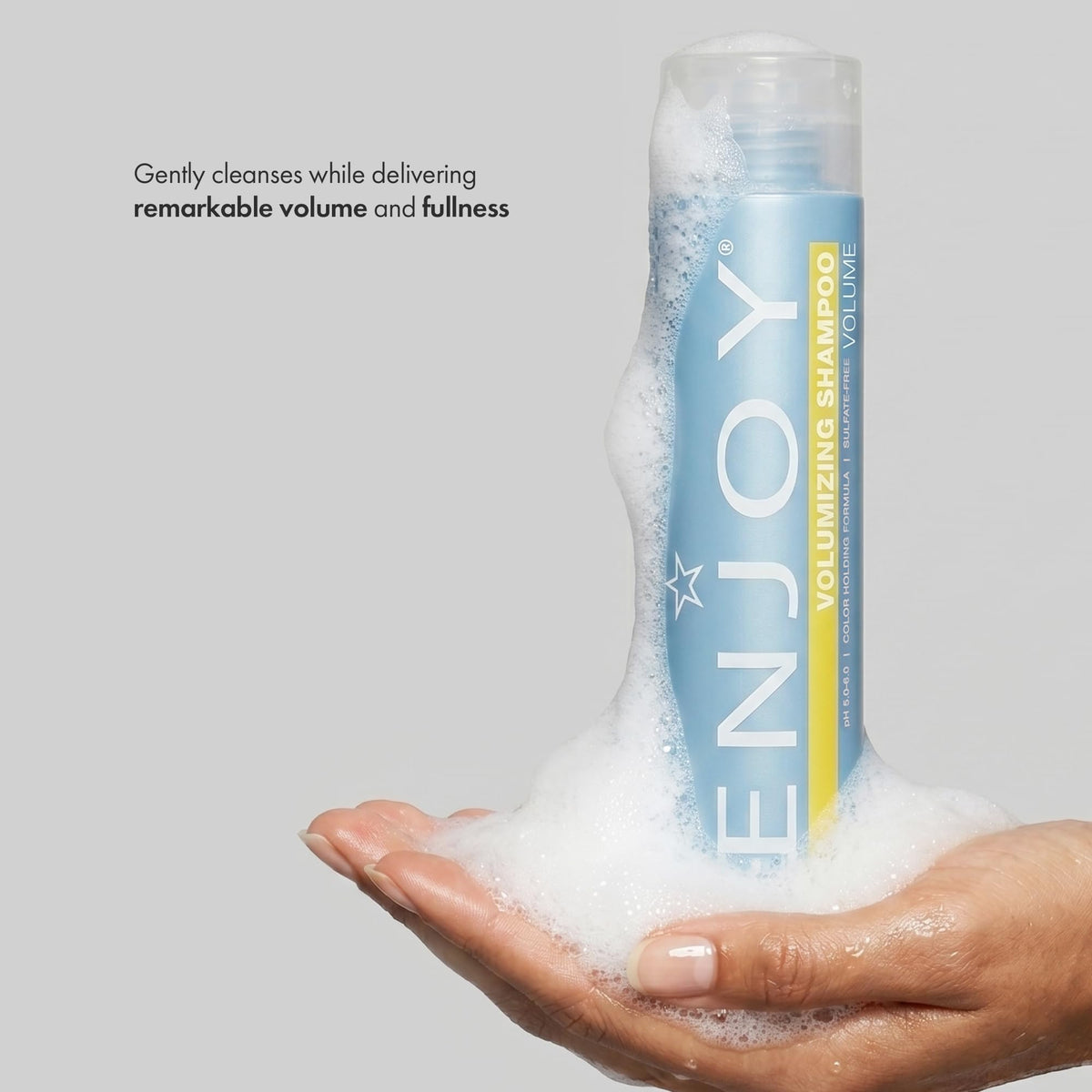 Enjoy pump dispensing lather, gentle cleansing benefit