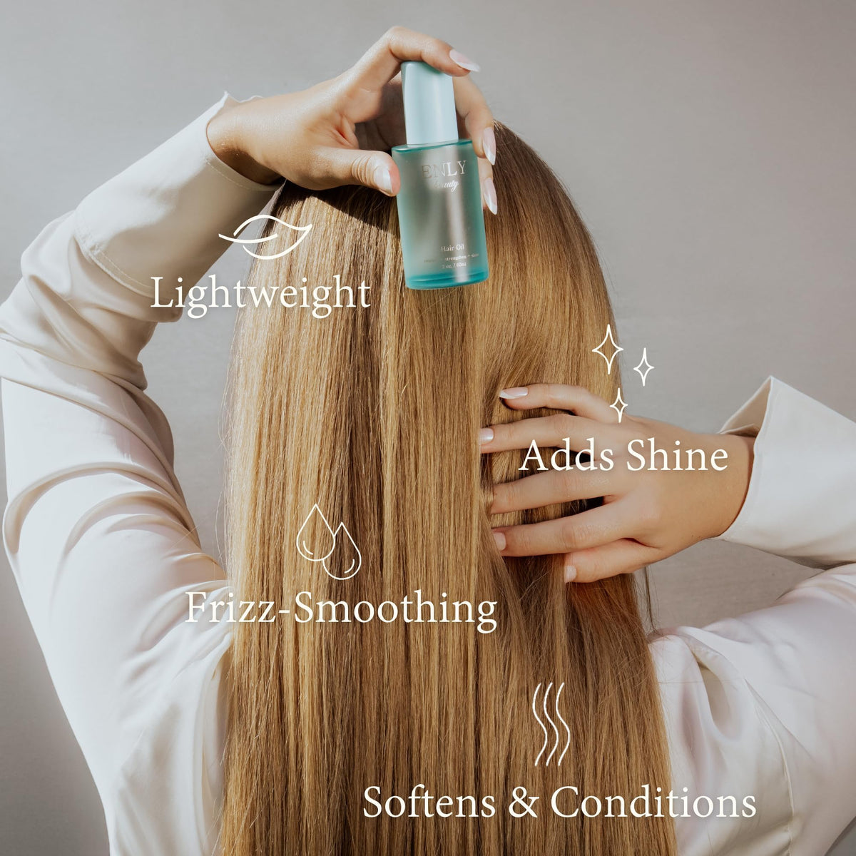 enly beauty before and after frizz comparison showing smoother, glossier hair