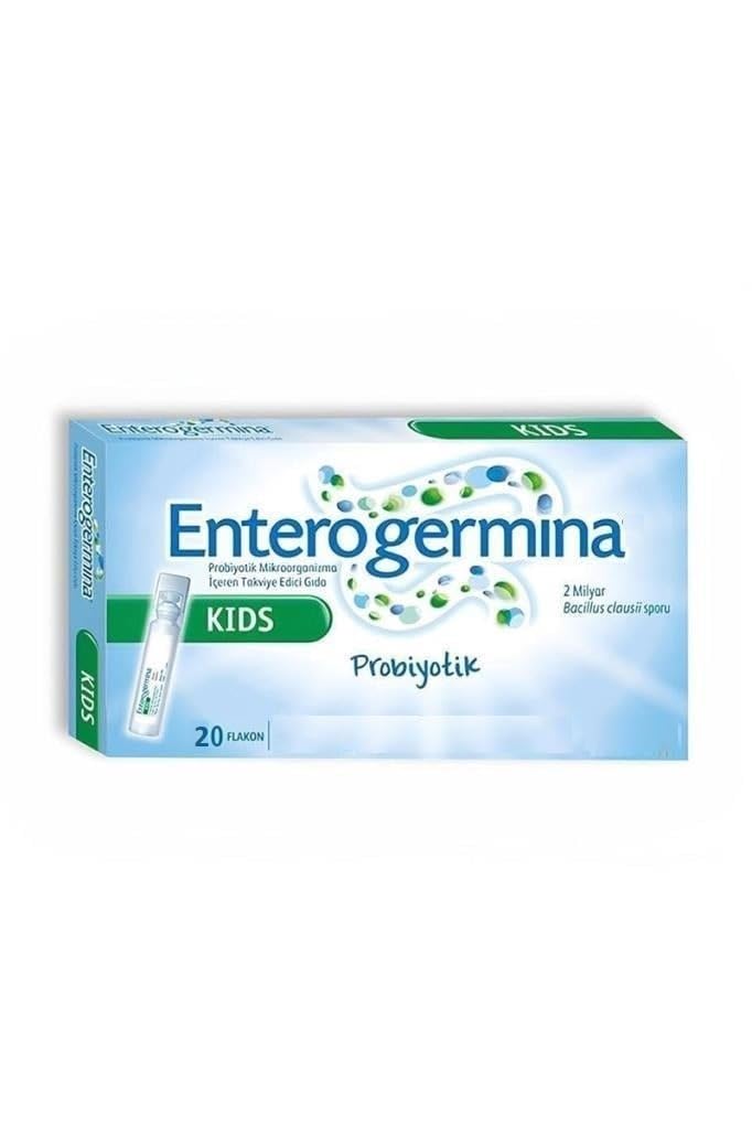 EnterogerminaKids front pack view showing 20 vials and clear labeling for easy use