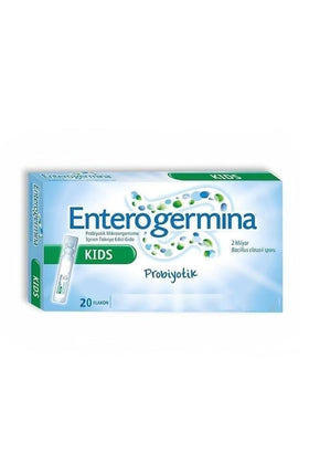 EnterogerminaKids front pack view showing 20 vials and clear labeling for easy use