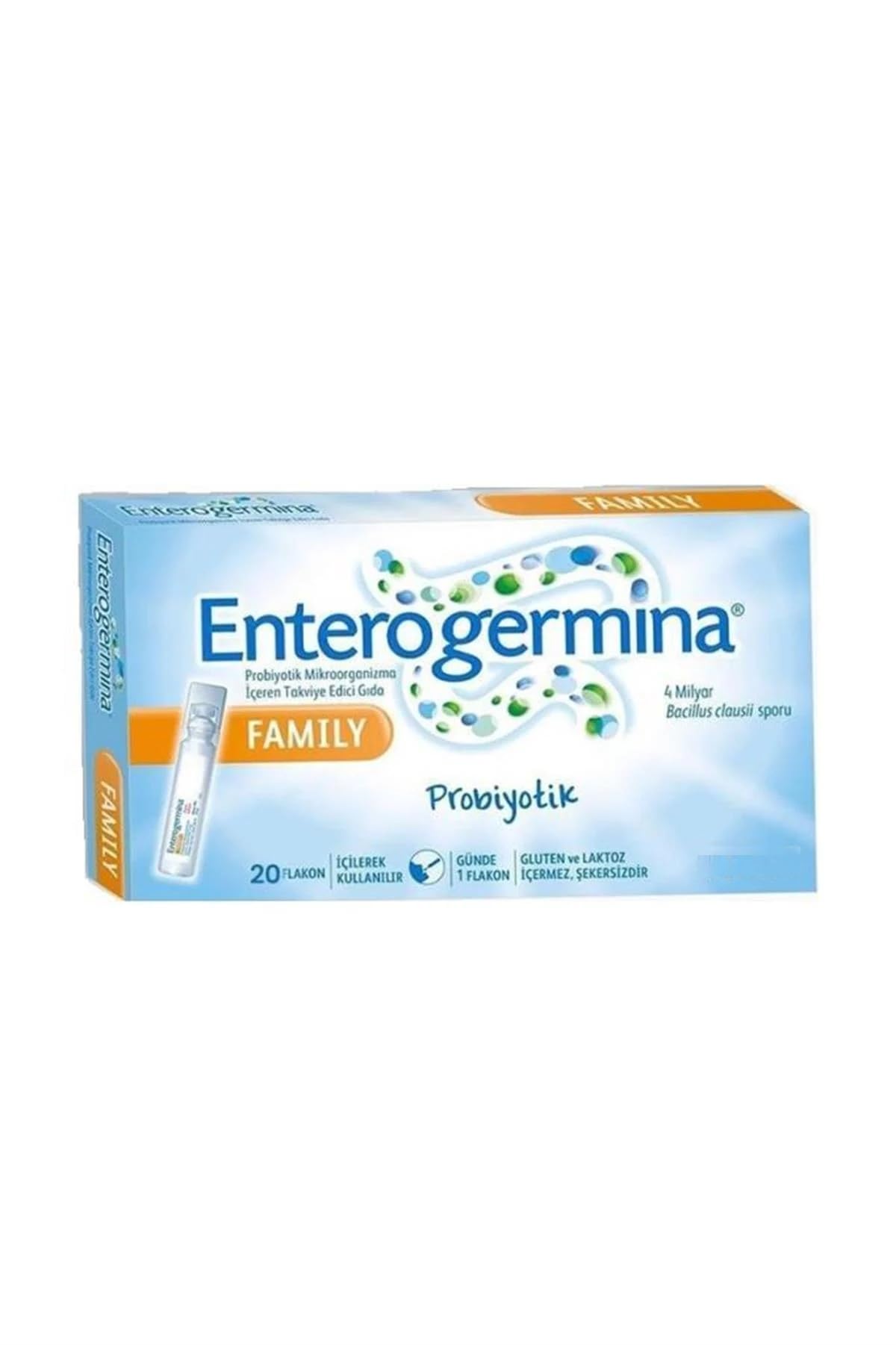 Generic EnterogerminaAdult front packaging showing 20 single-use vials for easy dosing