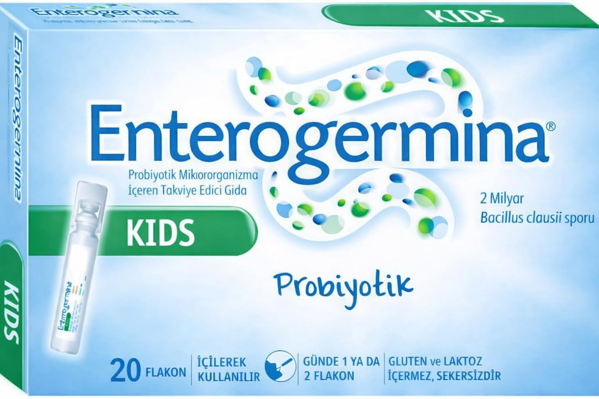 EnterogerminaKids front packaging showing 20 vials and clear usage benefit
